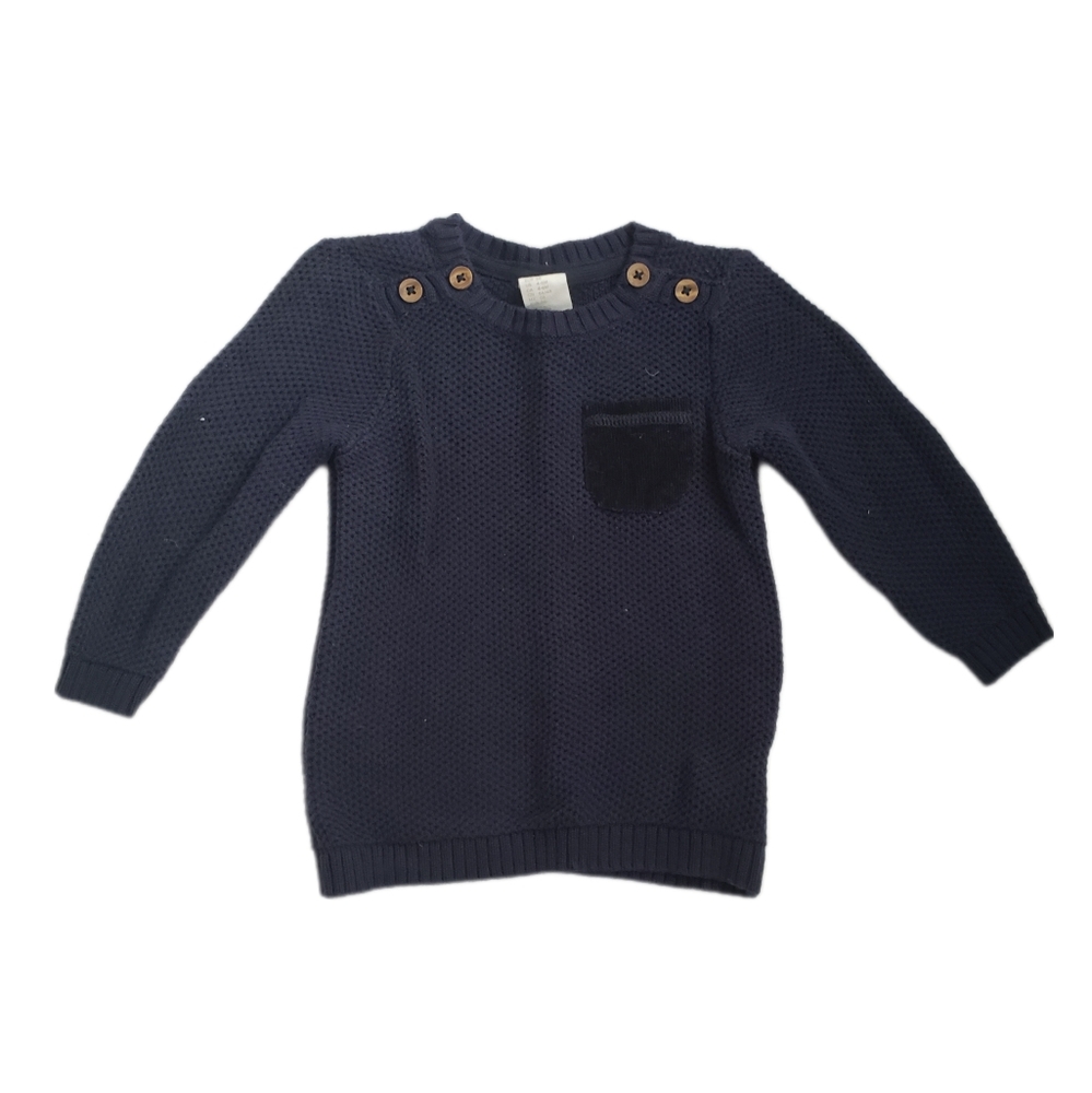 H&M 4-6m Navy Blue Knit Sweater Elbow Patches, Chest Pocket & Wood Buttons